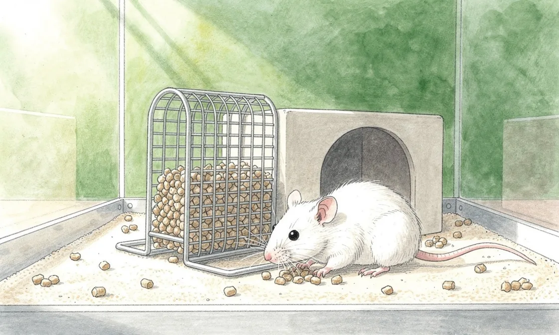 A white laboratory mouse eating beside a metal food hopper in a spacious enclosure with pale bedding