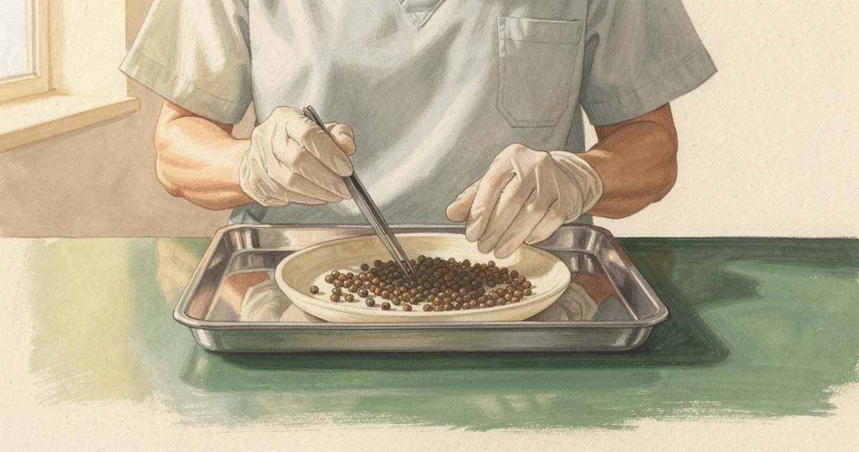 An animal-care technician sorts dry rat droppings from a collection tray at a green laboratory bench