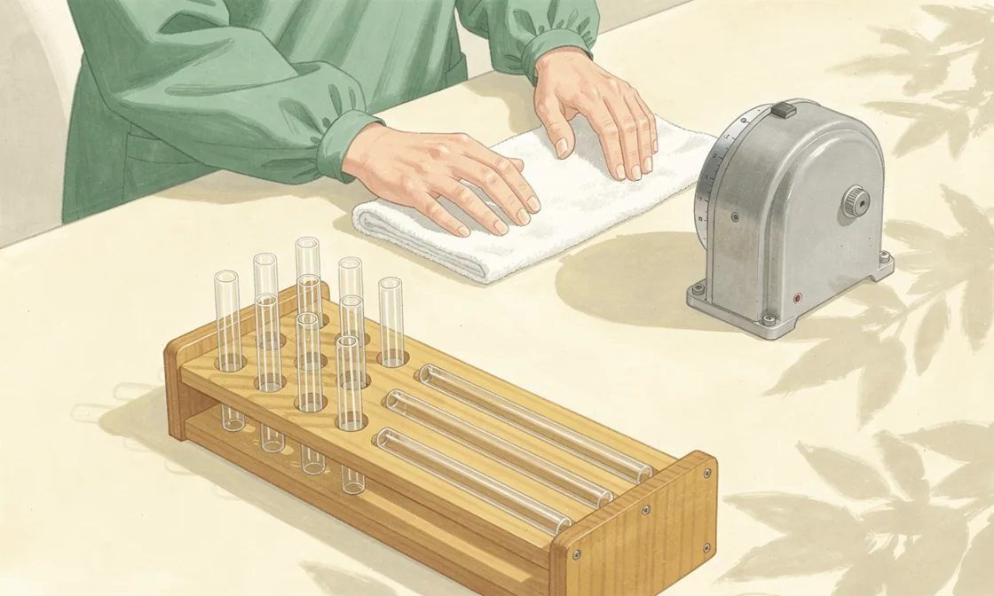 Glass capillary tubes in a rack beside a mechanical timer while a technician prepares a sampling bench